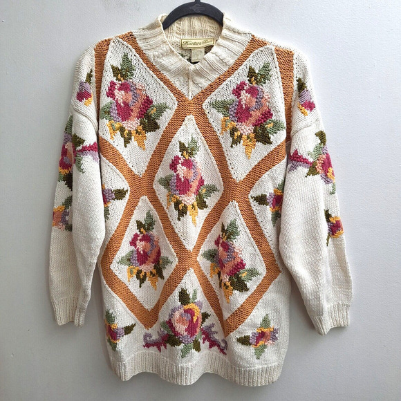 VTG Hunters Run Womens Sweater Large White Pink Floral Pullover Cottage Grandma - Picture 1 of 8